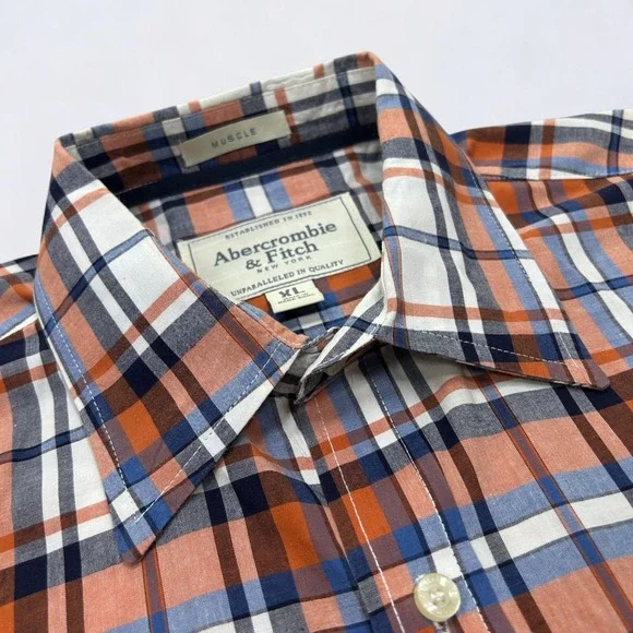 Abercrombie Fitch Shirt Men's XL Orange Plaid Button Down Long Sleeve Preppy - Picture 3 of 12